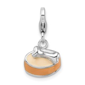Amore La Vita Sterling Silver Rhodium-plated Polished 3-D Enameled Dog Bowl with Bone Charm with Fancy Lobster Clasp